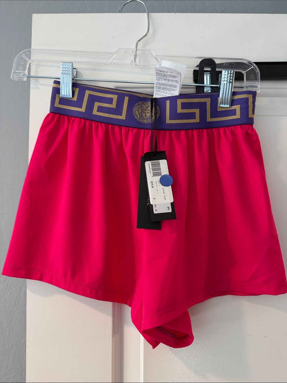 Versace Hot Pink Athletic Shorts with Purple and Gold Waistband